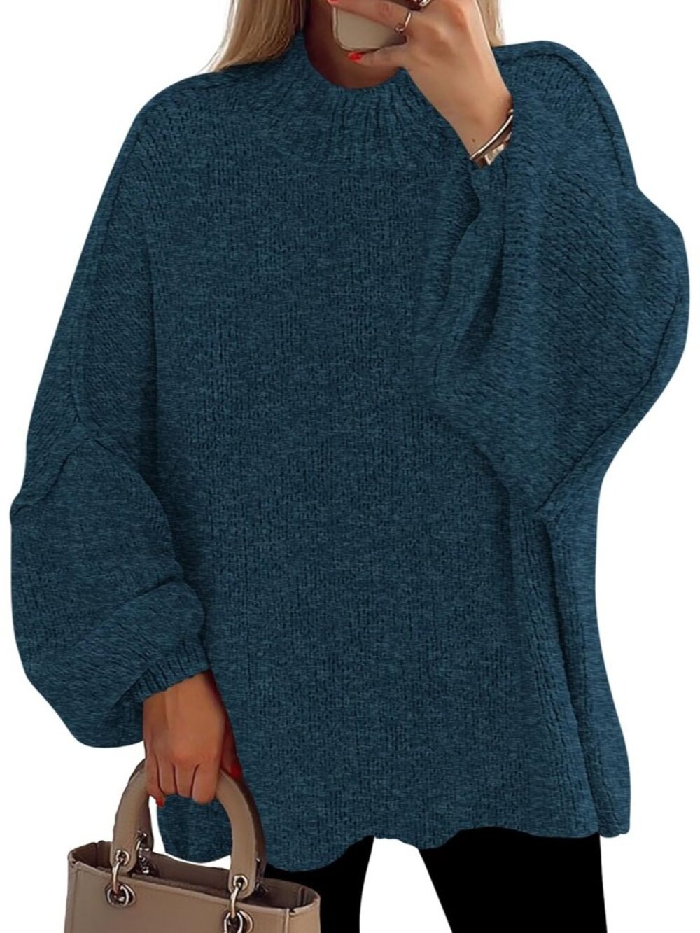 Women Teal Cozy Oversized Mock Neck Drop Shoulder Chunky Knit Slouchy Sweater